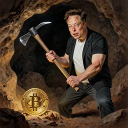 a drawing of elon musk mining bitcoin with a pickaxe in a cave, hyperdetailed, realistic