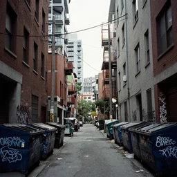 looking down a claustrophobic urban alley with dumpsters graffiti and power lines in east vancouver in the style of thomas cole, alphonse mucha, brutalism, hi res, unreal engine 5, 8 k, ultra - realistic, gritty, 1 0 0 mm, tri - x 4 0 0, matte painting