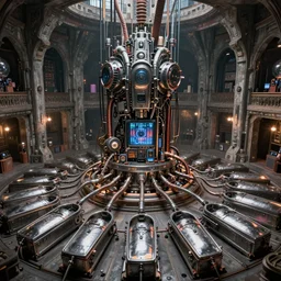 massive room underground filled with steel sarcophaguses attached by tubes to a huge computer in the center, futuristic, gothic, sci-fi, meat machine, brutalism, hyperdetailed, Cinematic, Kinemacolor, Massive, Artstation, 8k - n9