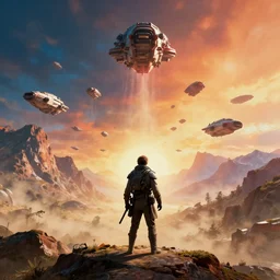 a film still from rogue one by james paick, a fleet of ships descend upon a mountainous landscape, vibrant, 5 0 mm lens, film game character and environment design, behance hd, studio, dramatic lighting, dusty, cinematic, global illumination, trending on artstation, bloom