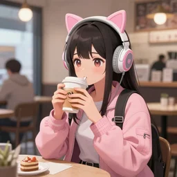 anime girl wearing pink jacket and cat ear headphones having coffee at a coffee shop in tokyo, aesthetic, wlop, digital painting, trending on artstation, highly detailed, epic composition, 8 k uhd