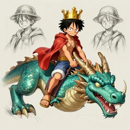 concept sketches of a young luffy riding wearing a gold crown riding a large dragon by jamie hewlett, in the style of megaman