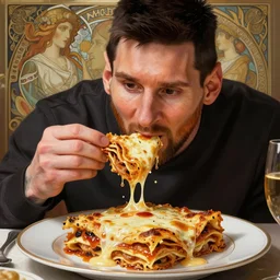 Messi eating lasagna, closeup, D&D, fantasy, intricate, elegant, highly detailed, digital painting, artstation, concept art, matte, sharp focus, illustration, art by Artgerm and Greg Rutkowski and Alphonse Mucha