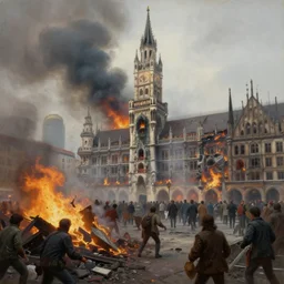 city of munich destroyed by a meteor!!!, rubble!!, fires!!, a close view of a rabi in panic!!!, hyperrealistic, highly detailed, cinematic, foggy light from fires, beautiful, cgssociety, artstation, 8 k, oil painting by greg rutkowski, by artgerm, by wlop