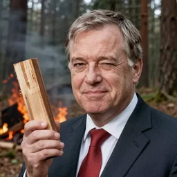viktor orban burning down a forest, holding a wood piece, highly detailed winking face, by edward hopper