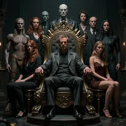 a man sitting in a throne surrounded by your multiple personalities, moody lighting, 8 k resolution, octane render, trending on artstation, by h. r. giger and greg rutkowski