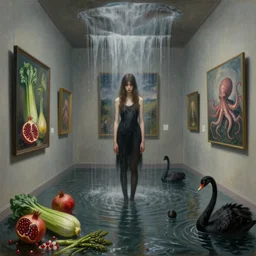 painting of a flooded surrealist art gallery and a tall emo girl, sensual, art gallery interior, paintings dripping, waterfall, pomegranates, courgette and asparagus, octopus, zen, black swans, berries, 1 6 mm lens, surrealist, by magritte and monet