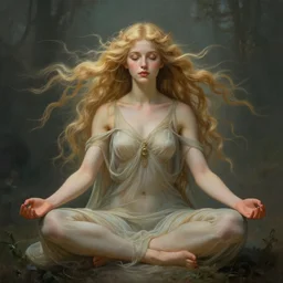 perfectly feminine face meditation!! murky lighting, wind blowing, full body portrait of young fairy goddess blessed by nature with ever - increasing physical mental perfection, blonde, symmetrical! intricate, sensual, highly detailed, biblical divine holy perfection!! digital painting, artstation, concept art, smooth, sharp focus, by artgerm and greg rutkowski and alphonse mucha