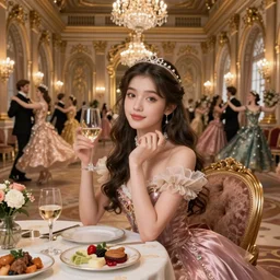 masterpiece hyper detailed portrait charming and miracle of gorgeous girl at a royal dance sits at a table with food and drink. in the background is a large, luxurious royal hall with many people dancing. art by artgerm, greg rutkowski, sasoura, satchely. by bastien - lepage. andrei riabovitchev, marc simonetti, yoshitaka amano