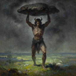 evil and suffering being transformed into goodness, life, and peace. he holds a burden of darkness above him, but beneath his feet is a land of peace | epic painting by craig mullins