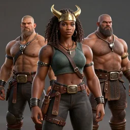a handsome bodybuilder viking girl with african american, clash royal style characters, unreal engine 5, octane render, detailed, cinematografic, cinema 4 d, artstation trending