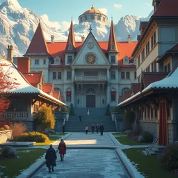 the most prestigious bardic school of the continent, bright colors fanions, campus of white building, digital art, cinematic, scenic view, bright day, matte painting by greg rutkowski and emmanuel shiu and john atkinson grimshaw, trending on artstation, 4 k