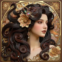 head flower depths, detailed black haired beauty portrait, chocolate, wax, billowing, opulent swirling hair, swirling seaweed, iridescent jewellery, organic background, art by wlop, peter morebacher, greg rutkowski, craig mullins, ruan jia, thomas kinkade, victor ngai, ernst haeckel, alphonse mucha, unreal engine, blender