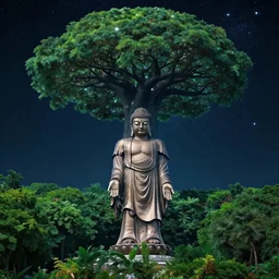 big budha statue standing in the middle of a matte landscape with a world tree with branches in the stars and roots in the underworld, vast, epic, starry, lush, greenery, cinematic color scheme, by artstation artists