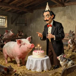 all animals in the farm are hosting a birthday party for the king of pig by Salvador Dalí