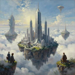 cinematic view of a sci - fi cityscape in clouds, surreal, floating islands with futuristic skyscrapers, tim hildebrandt, wayne barlowe, syd mead, john harris, bruce pennington, donato giancola, larry elmore, oil on canvas, artstation, pixiv, cinematic composition, dramatic, beautiful lighting, sharp, details, hd, hdr, 4 k