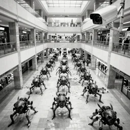 camera footage of a Hundreds of Zerg with rabies in an abandoned shopping mall, high exposure, dark, monochrome, camera,  grainy, CCTV, security camera footage, timestamp, zoomed in, fish-eye lens, Nightmare Fuel, Aliens, Evil, Zerg, Brood Spreading, Motion Blur, Hive, horrifying, lunging at camera :4