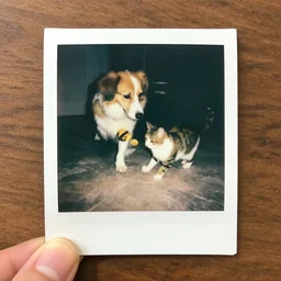 A dog and a cat playing, polaroid photo