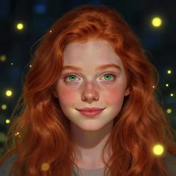 photorealistic portrait of a red haired girl among fireflies, with a round beautiful face, amazed soft smile, long hair, green eyes, hint of freckles, golden ratio, intricate details, colorful digital art by artgerm
