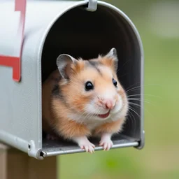 a hamster crawling out of a mail box and smiling, outdoors, close up, dslr photo