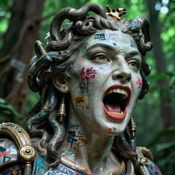 hyperrealistic hyper detailed neo-rococo 35mm portrait of baroque cyborg gorgone screaming covered in urban graffiti matte painting concept art dali hannah yata very dramatic forest green lighting low angle hd 8k sharp shallow depth of field