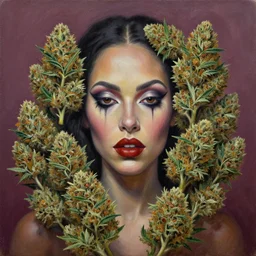 a portrait of a beautiful but grotesque pair of marijuana cannabis bud monsters. oil painting by kehinde wiley