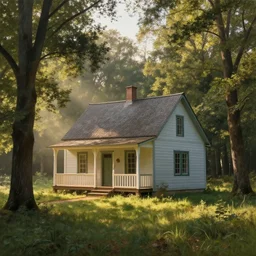 morning a simple small amish shaker style family farmhouse cottage in the woods, light streaming, art by anders zorn, wonderful masterpiece by greg rutkowski, beautiful cinematic light, american romanticism thomas lawrence, greg rutkowski