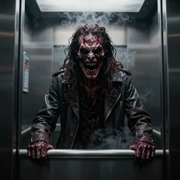 A terrifying portrait of monstrous Shia Labeouf in an elevator, extreme horror movie, dark, moody, sci-fi, steam, smoke, atmospheric, 4K render, sharp, Octane