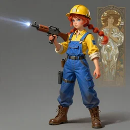 Portrait of a girl engineer with yellow shirt and blue overalls and brown boots and red pigtailed hair and a yellow mechanic hat holding a brown elecrtic rifle and has a mechanical turret that shoots lasers, white polygonal dress, blue eyes, folded cuffed sleeves, intricate, elegant, highly detailed, digital painting, artstation, concept art, smooth, sharp focus, illustration, art by artgerm and greg rutkowski and alphonse mucha