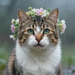 a beautiful cat with flowers around its head!!!, rainy, dreamlike art, mist, realistic shaded, fine details, 4 k realistic, cryengine, realistic shaded lighting poster by greg rutkowski, magali villeneuve, artgerm, jeremy lipkin and michael garmash and rob rey