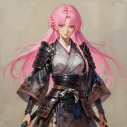 painting by krenz cushart!!, full body of a samurai girl with pink hair, finely detailed features, intricate brush strokes, beautiful lighting, trending on pixiv fanbox.