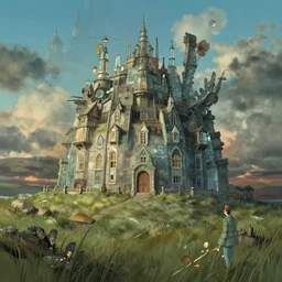 plains of glass castle,art by Angus McKie and Rowena Morrill and Ken Kelly,trending on artstation, skinny lighting microscopic view,multiple exposure ,muted colors,illustrator,photorealistic,Howl’s Moving Castle ,