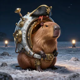 beautiful digital fantasy illustration of a Birth Machine, Capybara pirate, keeping vigil over the salt flats, lights in the night, highly detailed, soft lighting, rendered in octane, masterpiece, very very very aesthetic, exquisite marble details!!!