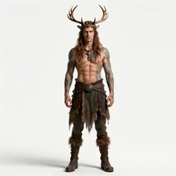 tattooed druid with antler crown, photorealistic portrait photography, full body, standing, isolated on a pure white background, centered, whole figure in frame, sharp focus, studio lighting