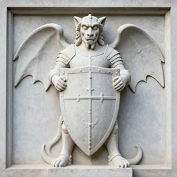 a detailed full body portrait gargoyle guardian in stone, relief statue, holding shield, armor plating, symmetry, symmetrical, by greg rutkowski and justin gerard, digital art, monstrous, art nouveau, baroque style, realistic painting, very detailed, fantasy, dnd, character design, trending on artstation
