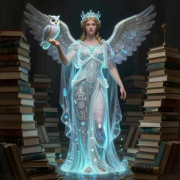 mary elizabeth winstead as the goddess minerva surrounded by stacks of books, owls, bioluminescent gown with deep level of detail of esoteric symbols, urban motifs, intricate, elegant, highly detailed, digital painting, trending on artstation, smooth sharp focus, style of dariusz zawadzki