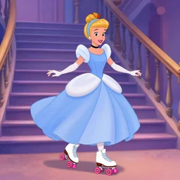 cinderella in the style of the disney animated film cartoon skating down stairs on rollerskates