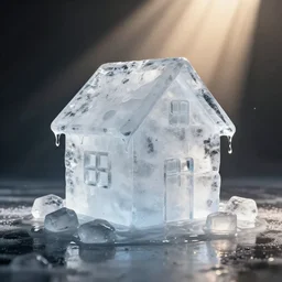 House made of melting ice cubes ,god rays, incredible lighting, 4k photography award winning,