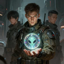 portrait sci-fi art by Greg Rutkowski and Ruan Jia and artgerm, a glowing alien bubble floating above the hand of a soldier, futuristic environment, detailed and intricate environment, biomech, cyberpunk, high technology, highly detailed portrait, digital painting, artstation, concept art, smooth, sharp foccus, ilustration, Artstation HQ