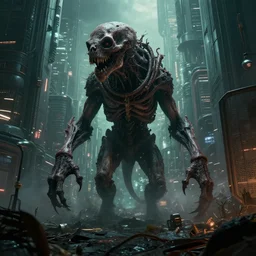 extinct animals in a cyber punk city, nightmare, hell, photograph, wild, highly detailed vfx, cinematic