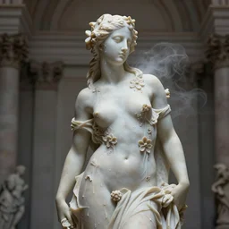 the long shot of sculpture of a beautiful woman with flowing tears, fractal flowers on the skin, intricate, a marble sculpture by nicola samori, behance, neo - expressionism, marble sculpture, made of mist, still frame from the prometheus movie by ridley scott with cinematogrophy of christopher doyle, arri alexa, anamorphic bokeh, 8 k