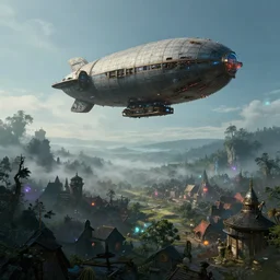 a fantasy valley town overlooking from afar, we see above the town a clear sky view of a steampunk airship in the style of tron legacy, hyperrealism, concept art, ominous, darksynth, neon magical vaporwave, thomas cole kinkade, fog in the trees, by edvard munch and denis villeneuve, dramatic lighting, 8 k octane render