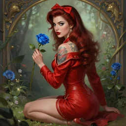 red jacket tattooed pinup girl sits a the garden holding a blue rose, deep focus, turnaround, fantasy, intricate, elegant, highly detailed, digital painting, artstation, concept art, matte, sharp focus, illustration, hearthstone, art by artgerm and greg rutkowski and alphonse mucha.