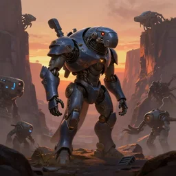 epic manatee mech standing in a canyon landscape surrounded by machines, sunset, greg rutkowski, digital painting, moody