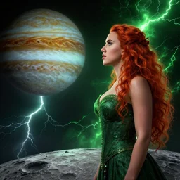 a highly detailed matte portrait of scarlett johansson as a red haired sorceress, standing on the moon titan and looking at jupiter, viewed in profile from far away, crackling green lightning, ultrawide lens, art by artgerm and greg rutkowski and alphonse mucha, volumetric lighting, octane render, 4 k resolution, trending on artstation, masterpiece
