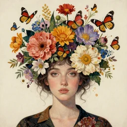 illustration woman with exotic flowers on her head, flowers, butterflies, surrealist style, Collage Art by James Jean, masterpiece, Edward Hopper and James Gilleard, Ross Tran, Mark Ryden, Wolfgang Lettl, Yayoi Kasuma