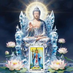 buddha sitting on a throne of ice surrounded by lotus flowers drawn by studio trigger, in the style of Little Witch Academia, spiritual enlightenment, tarot card, Tarot card the Hierophant,