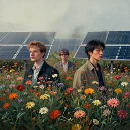 portrait of field solar panels flowers growing between, colorful, modern art deco, mads berg, christopher balaskas, victo ngai, low fog, fine texture, detailed, muted colors, dramatic lighting, dynamic composition, matte print, wide angle, moody, stippled light, film grain