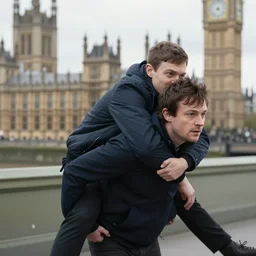 thom yorke giving a piggy back ride to jonny greenwood as a photograph with london in the background, movie still, 8 k,