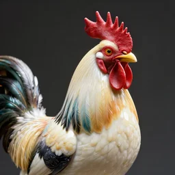 hyper detailed ultra sharp portrait of a beautiful fashionable porcelain ivory cyberpunk scifi rooster, well contoured smooth colorful feathers, up close shot, sharp focus, global illumination, radiant light, black haute couture, alexandre ferra, irakli nadar, octane render, 4 k, ultra hd,
